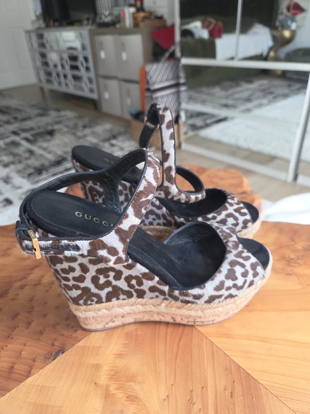 Gucci Brown Leopard Print Wedge Sandals